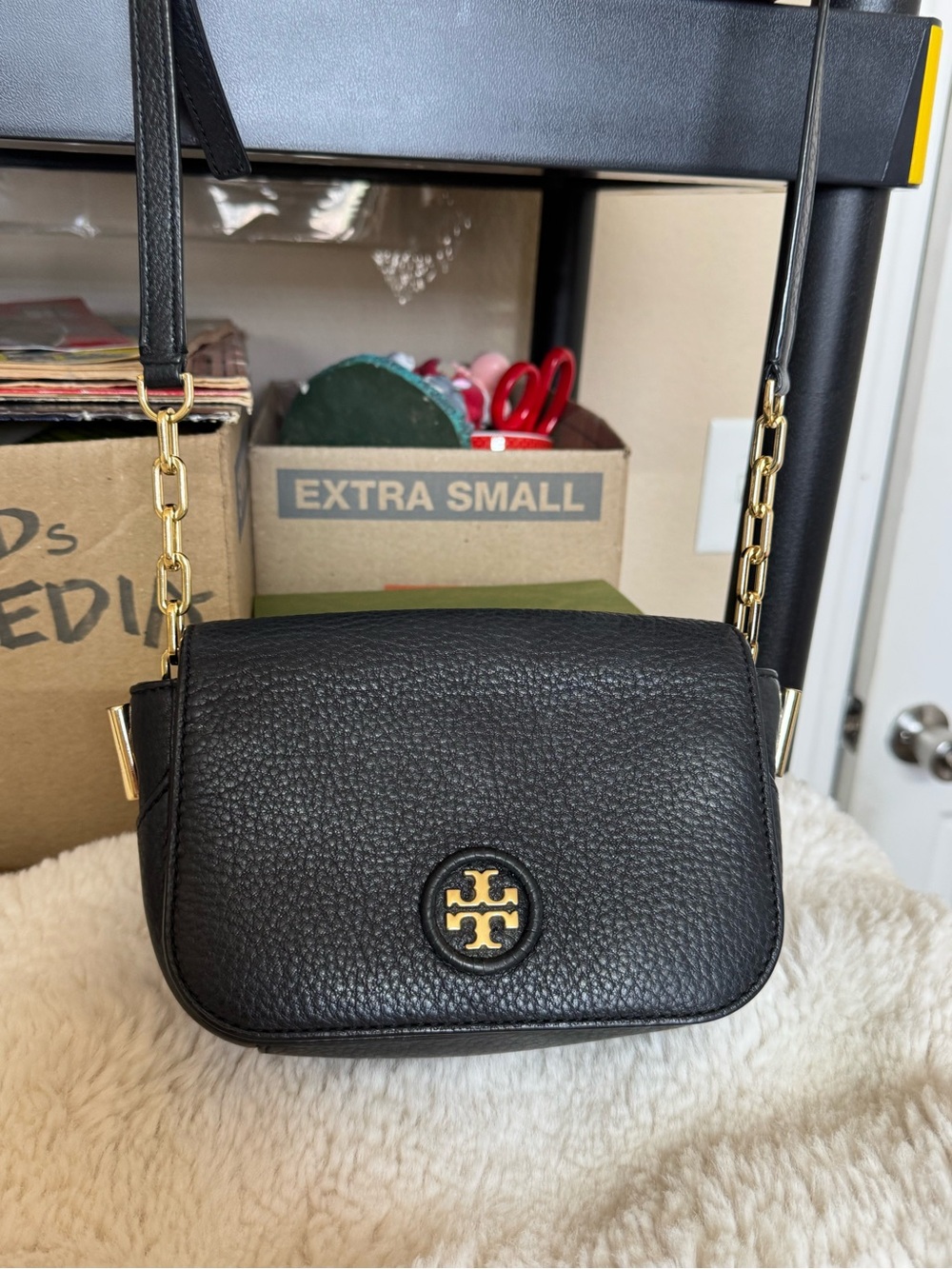 Tory Burch Black Pebbled Leather Crossbody with Gold Logo